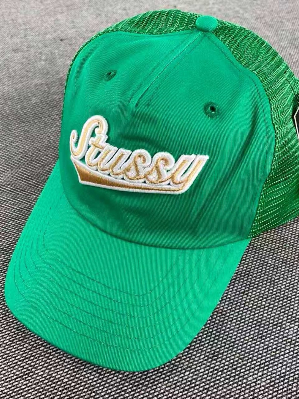 Stussy Kids Green Mesh Logo Cap with Gold Accent